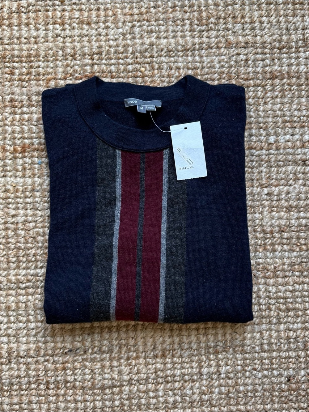 NWT - Vince Women’s Navy Crewneck Sweater with Stripe Detail Sz M
